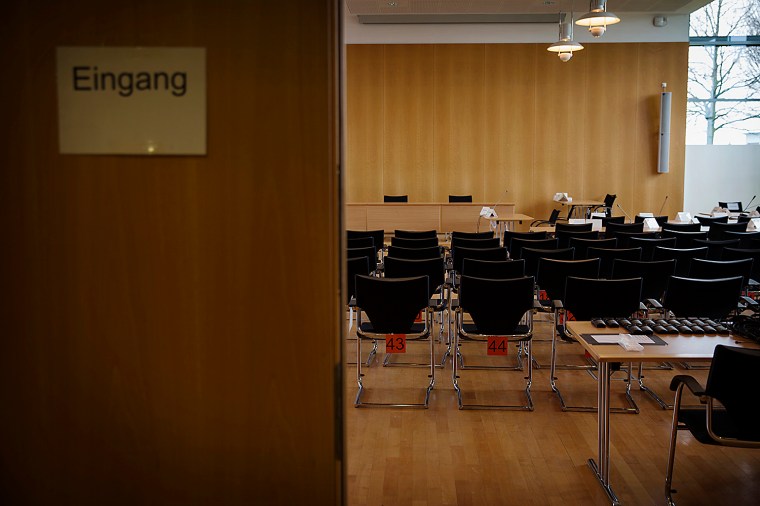 A view inside the Detmold courtroom hosting the trial of the ex-SS member and Auschwitz guard on Feb. 18. The sign reads "Entrance."