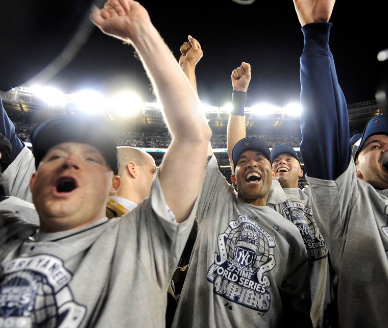 30087808a--11/04/09-New York Yankees vs Philadelphia Phiiles World Series Game -6at Yankees StadiumMariano rivera-Derek Jeter and Andy Pettitte reacts after winning the World SeriesPhoto by Barton Silverman/NYT/SptsPhoto by Barton Silverman/NYT/Spts
