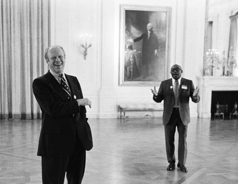 WASHINGTON ÃÂ 1975: President Gerald R. Ford in the East Room of the White House with Sikes McGee, his teammate from the 1930 South Grand Rapids High School football team, Washington, D.C., 1976. by David Hume Kennerly/Gerald R. Ford Presidential Library