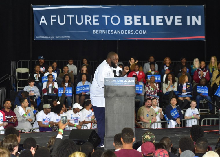 Rapper Killer Mike speaks in support of Bernie Sanders during the Democratic candidate's HBCU Tour and Rally At Atlanta University Center on Feb. 16, 2016 in Atlanta, Georgia.