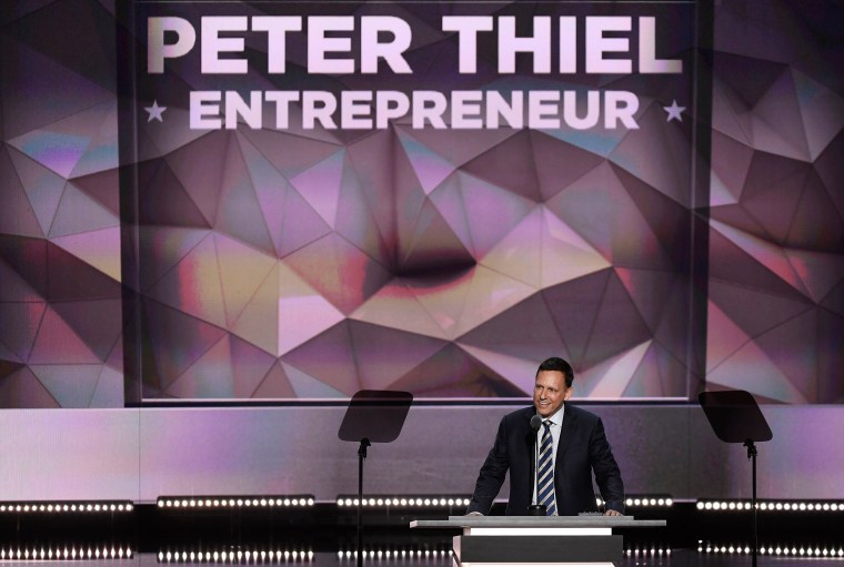 Peter Thiel, co-founder of PayPal Inc., speaks during the Republican National Convention, on July 21, 2016, in Cleveland.