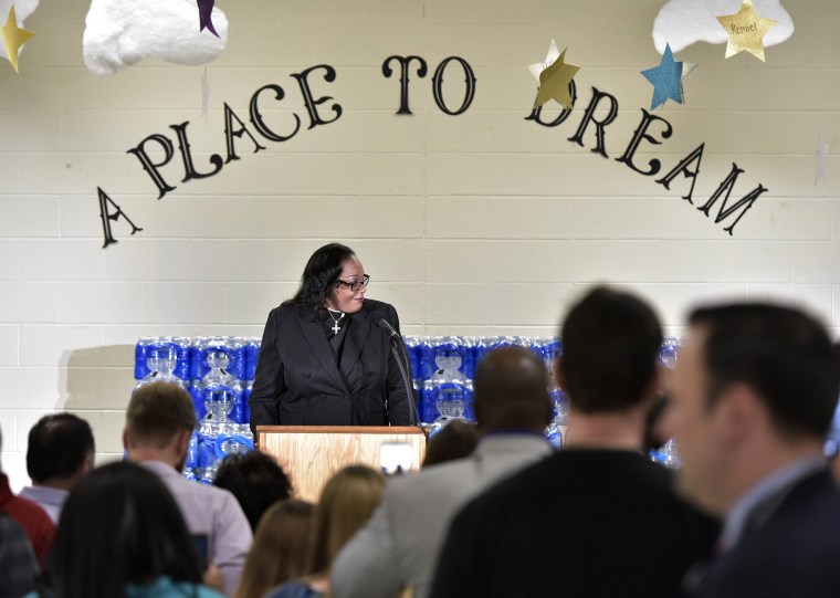 Rev. Faith Green Timmons speaks before Donald Trump at the Bethel United Methedoist Church on Sept. 14, 2016 in Flint, Michigan.