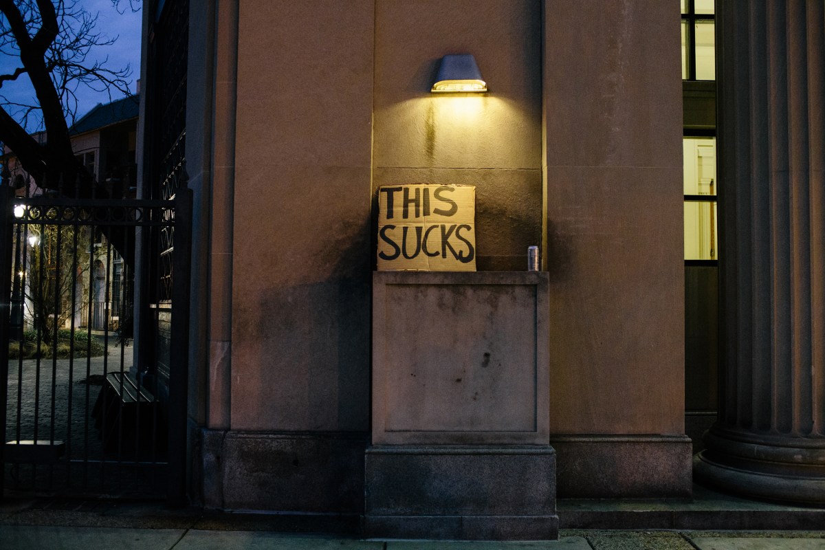 A sign brought by a volunteer sits during preparations for the #Trump420 event during President Donald Trump's inauguration in Washington, D.C., on Jan. 20, 2017. An estimated 10,000 people showed up to receive a free joint given away by DCMJ near Dupont Circle.