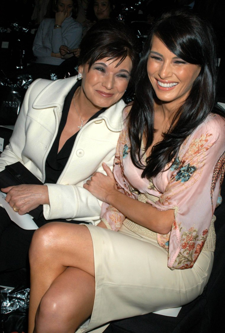 Melania Knauss and her mother, Amalija UlÃÂnik, attend the Zac Posen Fall Fashion Show at Bryant Park in New York City on Feb. 12, 2004.