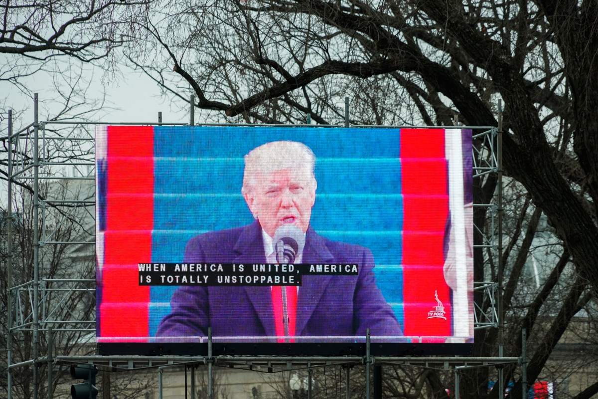 Donald Trump gives his first speech as President following his oath of office at the Capitol in Washington, D.C., on Jan. 20, 2017.
