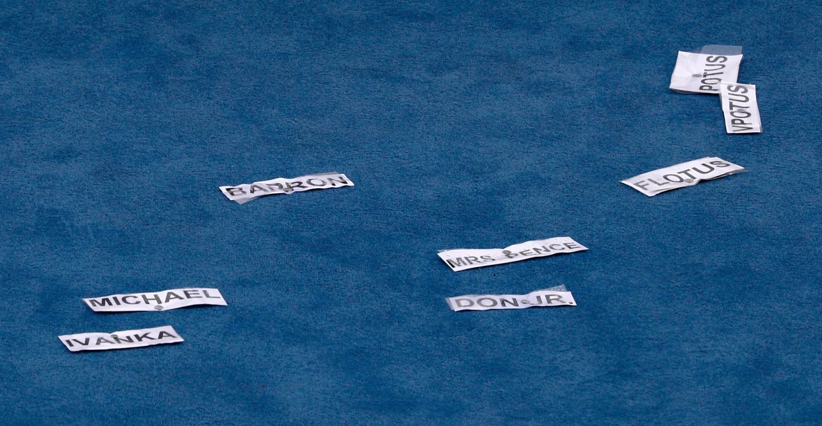 Place markers for the Trump and Pence families are seen on the podium before the inauguration ceremonies swearing in Donald Trump as the 45th president, and Mike Pence as vice president, at the U.S. Capitol in Washington on Jan. 20, 2017.