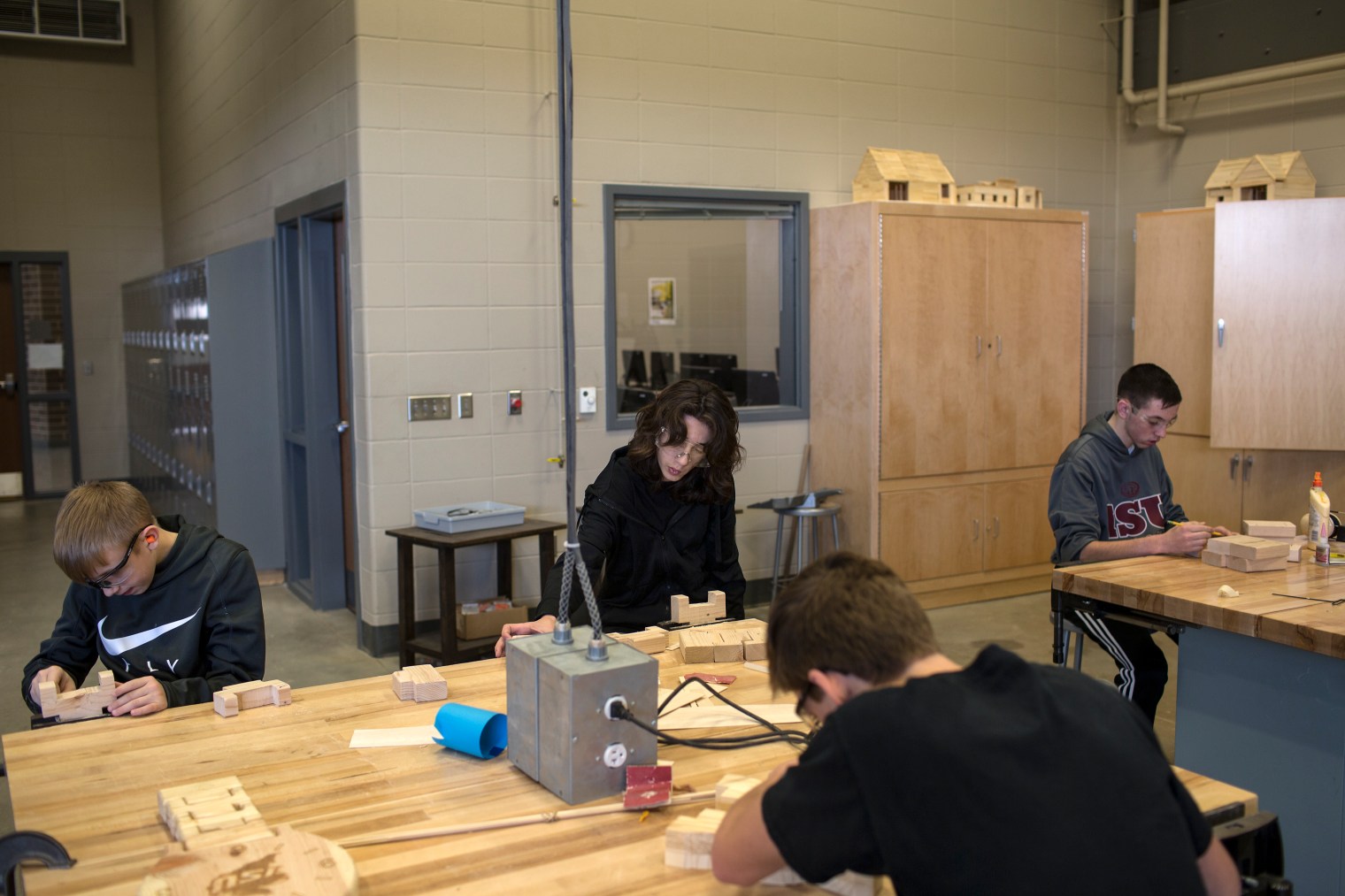 Nazeer Tameem during wood working class at Waukee Middle School. Waukee is a suburb of Des Moines, Iowa.