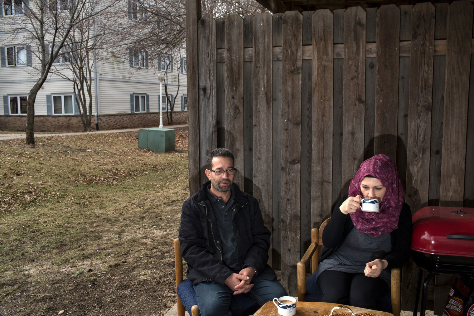 Abdul Fattah Tameem and his wife, Ghazweh Aljabooli at their new apartment in West Des Moines, Iowa.