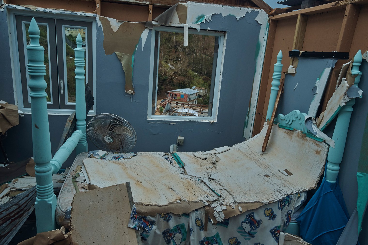 A bedroom in the destroyed home of Arnaldo Diaz Martinez and his son Nabyel Diaz, 15, in Orocovis, Puerto Rico, on Oct. 1, 2017.